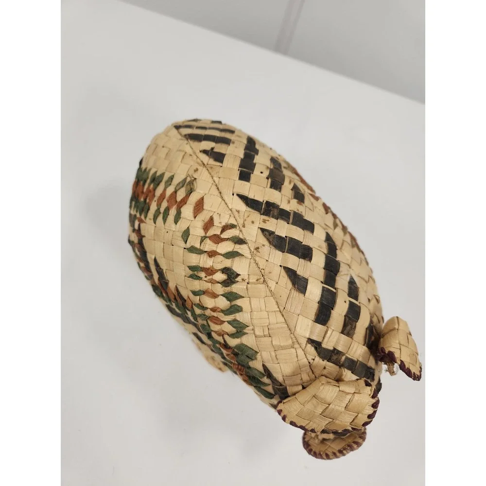 VTG Mexican Palm Straw Woven Pig Natural Green Red Design 9